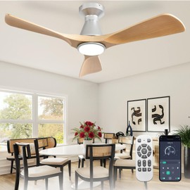Depuley 42-Inch Ceiling Fans with Lights: Wood 3 Blade Flush Mount Low Profile Ceiling Fan for Bedroom - Dimmable Indoor Outdoor Fan with Remote APP Control Ultra Quiet DC Motor Timer