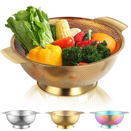 Kyraton Gold Colander 28.5cm, Professional Titanium Gold Plating Stainless Steel Strainer with Heavy Duty Handles and Self Draining Solid Ring Base, Easy Clean and Dishwasher Safe