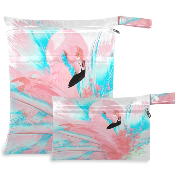 visesunny Artistic Pretty Flamingo 2Pcs Wet Bag with Zippered Pockets