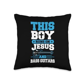 Retro and Vintage Style Bass Guitarist Essentials This Boy Runs On Jesus and Bass Guitars Christian Bassist Throw Pillow, 16x16, Multicolor