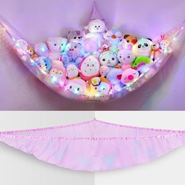 Stuffed Animals Net or Hammock Toy Storage Organizer with LED Light Unicorn Castle Hanging Corner Stuffed Animals Holder Girls Room Decor Decoration Wall Box Pet Hangable Ornaments - Color: Pale-Pink