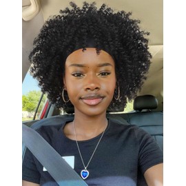 WIGER Short Afro Bouncy Curly Headband Wig Kinky Curly Wigs with Headbands Black Attached Afro Curly Headband Wigs Synthetic Afro Wigs(1B#)