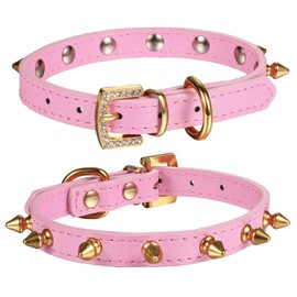 LOVPE One Row Golden Spiked Studded Leather Dog Collar/Cat Collar with Golden Rhinestone Buckle for Small Dog/Cat Puppy Kitty (Pink, S)