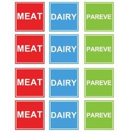 120 Pcs Kosher Labels Meat Dairy Parve Stickers 1.5 x 1.5 inch Blue Dairy Red Meat Green Pareve Stickers Freezable Microwavable Dishwasher Labels for Kosher Kitchen Use (Square)