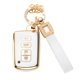 CACARLIKE for Toyota Key Fob Cover with Leather Lanyard, Car Key Fob Case Compatible with Toyota Camry Avalon Corolla Highlander RAV4 Sequoia Smart Key Protector Holder