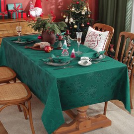 Honellaty Christmas Poinsettia Tablecloth Rectangle, 60 x 120 inch Jacquard Washable Polyester Durable Spillproof Anti-Wrinkle Damask Fabric Table Cover for Christmas or Daily Uses, Green