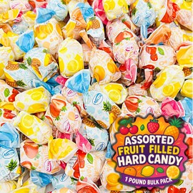 Assorted Fruit Filled Hard Candy - 1 Pound Bulk Pack (About 75 Count) - Individually Wrapped Assorted Fruit Candies - Classic Flavors of Old Fashioned Treat