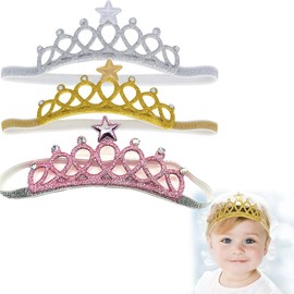 DIFLAX Pack of 3 Baby Headbands, Princess Crown Headband, Newborn Crown Headband, Baby Accessories, for Girls, Newborns, Toddlers, Soft, Nylon, Hair Band, Solid (Gold, Silver, Pink)