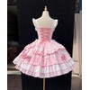 Girls Sweet Lolita Dress Pink Layered Ruffle Dress with White