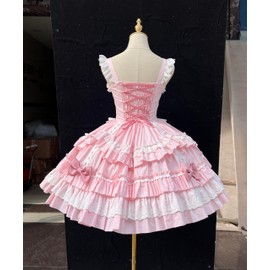 Girls Sweet Lolita Dress Pink Layered Ruffle Dress with White Lace Trim and Bows Cosplay Costumes (Pink, Small)