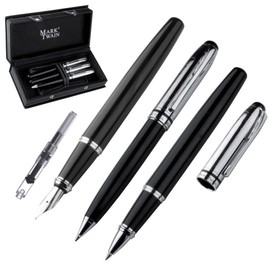 Mark Twain 3 Piece Metal Writing Set Fountain Pen with Converter (Refillable), Ballpoint Pen and Rollerball