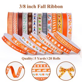 Ribest Fall Ribbon Thin, 3/8 Inch Grosgrain Pumpkin Thanksgiving Ribbons for Crafts Gift Wrapping Bows Making Autumn Harvest Decor 20 Rolls 100 Yards