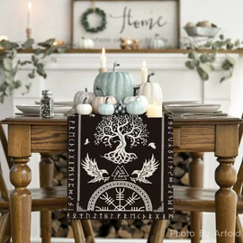 Artoid Mode Black Viking Tree of Life Raven Helm of Awe Table Runner, Seasonal Kitchen Dining Table Decoration for Home Party Decor 40x240 cm