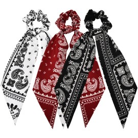 Paisley Hair Scarf Scrunchies with Ribbon Tails for Women Girls Hair Bow Scrunchy Hair Scarves Ties for Teen Girls Knotted Bow Hair Elastics Chiffon Ponytail Holder for Women 3 PCS