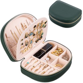 ProCase Travel Size Jewelry Box, Small Portable Seashell-Shaped Jewelry Case, 2 Layer Mini Jewelry Organizer in PU Leather for Women -Emerald