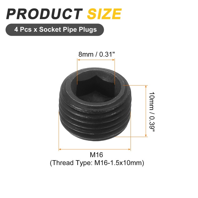 sourcing map 4Pcs Male Thread Socket Pipe Plugs, M16-1.5x10mm Carbon