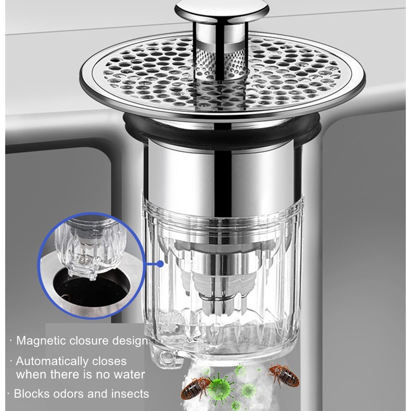 Bathroom Sink Plug with Hair Strainer, Universal Pop Up Drain