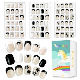 Allstarry Uñas Postizas para Niñas (Paquete de 3, 72 Unidades), con Pegamento Incorporado, Cobertura Completa, Punta Francesa, Cortas, Ideales para De