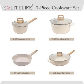 ESLITE LIFE Nonstick Cookware Sets, 7 Pcs Ceramic Coating Pots and Pans Set Kitchen Cooking Set, Compatible with All Stovetops (Gas, Electric & Induction), PFOA Free, White