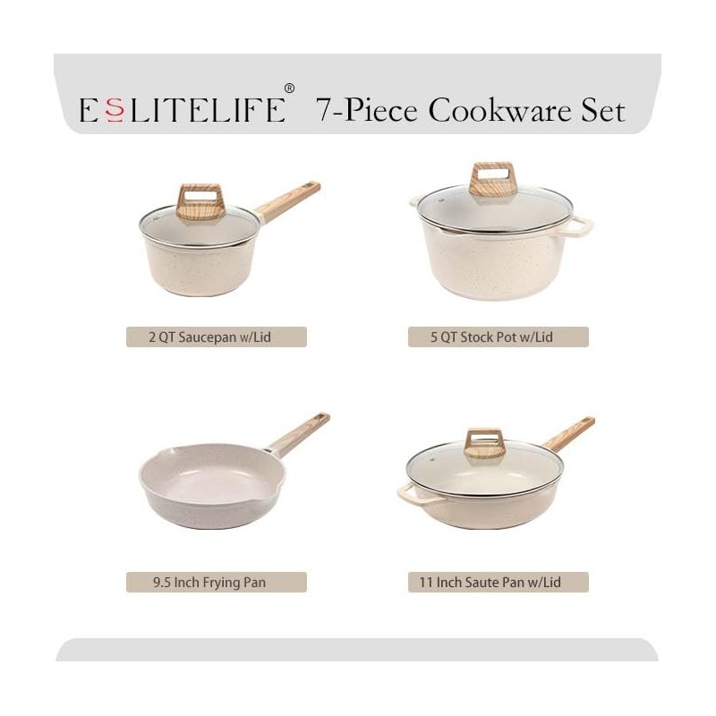 ESLITE LIFE Nonstick Cookware Sets, 7 Pcs Ceramic Coating Pots