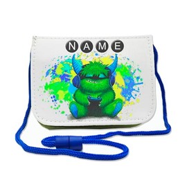 Kinder Brustbeutel mit Name und Schriftartwahl | Klettverschluss mit Schnur zum Umh√§ngen und Klarsichtfach | Zocker-Monster Geldbeutel personalisiert | 3 Farben