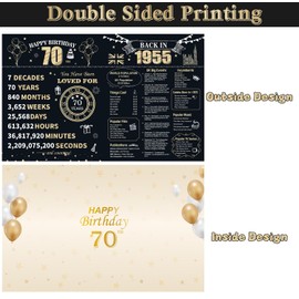 Longwu Large 70th Birthday Card With Envelope for Men Women, 1955 Black Gold Happy 70th Birthday Gifts Giant Guest Signature Book for Women Men, Vintage 70th Greeting Card Decoration Party Supplies