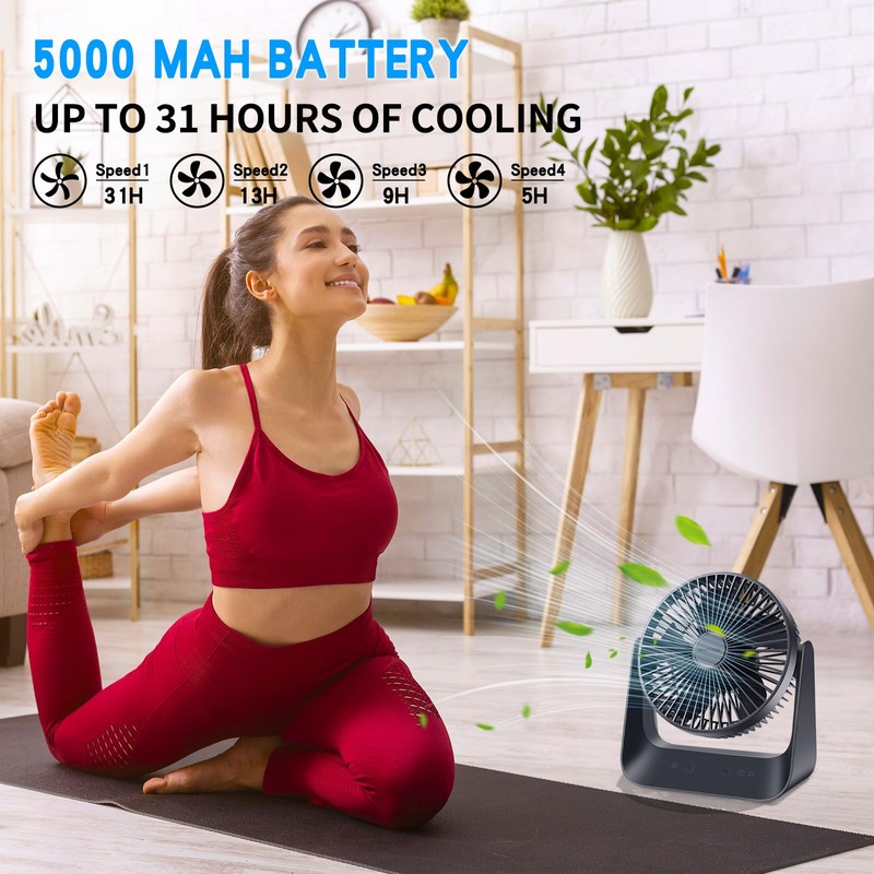 HONEYYEAR 5000mAh Small Desk Fan 6-Inch, Portable Desktop Fan with