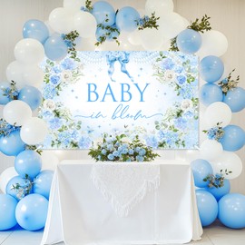 Mocsicka Baby in Bloom Decorations Banner Blue Bow Floral Baby Shower Backdrop Boy Baby Shower Party Decorations Photo Booth Props (Blue, 6x3.6ft)