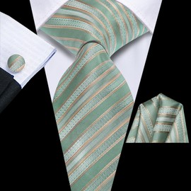 Dubulle Mens Tie Set Solid Paisley Silk Striped Necktie for Men with Cufflinks Tie and Pocket Square,Sage Green Khaki