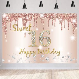 Tecreo Happy 16th Birthday Backdrop Banner for Girl Happy 16 Years Old Fabric Sign Poster Party Decoration, Glitter Rose Pink Photography Background Sweet 16 Birthday Party Supplies, 150x90cm
