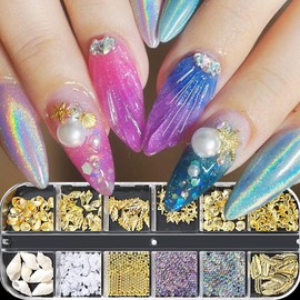 ROFIBUT Summer Nail Charms Pearls Seashell Starfish Gold Nail Rhinestones Bubble Beads Nail Gems 3D Summer Metal Mermaid Nail Art Charms Ocean Theme Designs Nail Supplies for Women Manicure 12 Grids