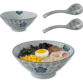 ALMA 7.5 Inch Ceramic Ramen Bowl Set- 2 Sets of 30oz Japanese Ramen Bowl wif Spoons, Ramen Noodle Bowl, Pho Bowls, Cute Bowl, Udon Ramen bowls, Noodle Bowl