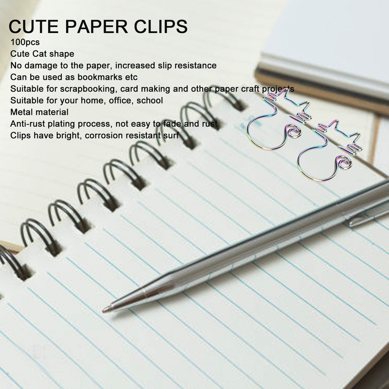 100pcs Cat Shape Paper Clips Colorful Plating Process Increased Slip