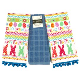 Serafina Home Easter Spring Kitchen Dish Towels: Colorful Bunnies Hello Spring Happy Easter with Pom Poms (Fun Bunnies)