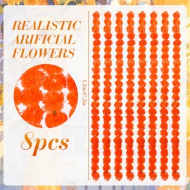 Geosar 8 Pcs 4 ft Marigold Garland 4 Pcs Sheer Curtains Backdrop Set Indian American Party Mantle Decoration Artificial Marigold Flowers for Wedding, Diwali, Mexican, Day of The Dead, Pooja(Rainbow)