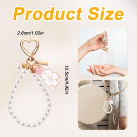 Mikovivi Flower Pearl Keychain, Pearl Keychain Wristlet Cute Two-Color Flowers Charms Key Chain Imitation Pearl Heart Keyring Gift for Women Car Keys Bags Purses Accessories