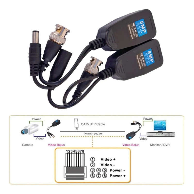 4par Video Balun Rj45 Salida Bnc +voltaje Transceptor Pasivo