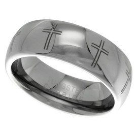 Sabrina Silver Tungsten Carbide 8mm Domed Cross Wedding Ring Laser Etched Perfectly Polished Size 11.5