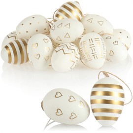 com-four® 18 x Easter Eggs for Hanging - Easter Eggs with Pattern White/Gold - Hanging Decoration Made of Plastic for the Easter Bouquet (18 Pieces - White/Gold)
