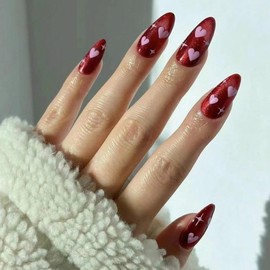 24Pcs Valentine's Day Press on Nails Medium Length Dark Wine Red Fake Nails with Pink Heart Design Shiny Star Glossy False Nails Red Solid Color Natural Acrylic Nails DIY Nail Decorations for Women