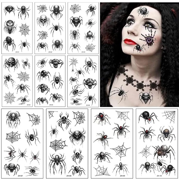 10 Sheets Spider Temporary Tattoos, Halloween Face Tattoos Spider, Spider Web Tattoos, for Masquerade Punk Party Makeup Scary Party (B)