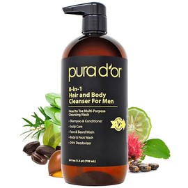 PURA D'OR Limpiador de cabello y cuerpo 8 en 1 de 24 onzas para hombres, sin sulfatos, lavado multiusos para cabello, cara, barba y cuerpo, con aloe v
