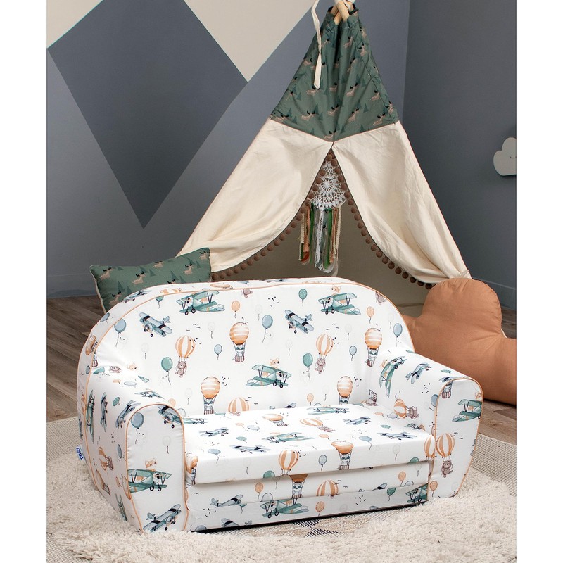 Delsit Kids 100% Cotton Loveseat Sofa, Hot Air Balloons, 30"W