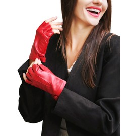 YISEVEN Women's Classic Sheepskin Leather Fingerless Gloves Lined Classic Soft Sheepskin 1/2 Half Finger Button Punk Motorcycle Cycling Fitness Touchscreen Warm Winter, Red 6.5"/Small