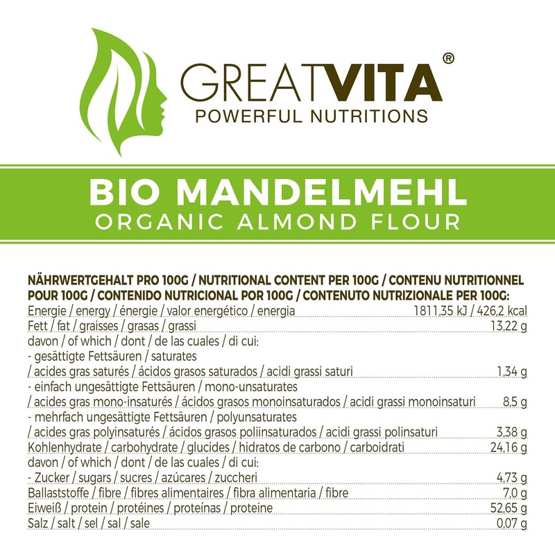 GreatVita Mandelmehl, naturbelassen, blanchiert, 500g gemahlene Mandeln