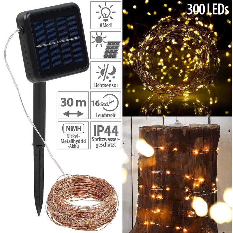 Lunartec String Light: Solar Copper Wire Fairy Lights, 300 Warm