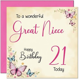 21st Great Niece Birthday Card - Beautiful Butterfly Floral Great Nieces Birthday Card for 21 Year old twenty one, twenty first