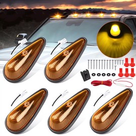 KOMAS 5pcs Cab Marker Light Amber LED Teardrop Front Top Clearance Roof Running Light Assembly with Wiring Pack for Trucks, Vans, Pickups, semis and RVs