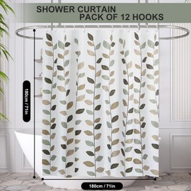 Minicoco Shower Curtains Mould Proof Resistant Bathroom Shower Curtain 100% Polyester Waterproof Shower Curtain Anti-Mould with 12 Hooks, 180 x 180 cm (Small Leaves)