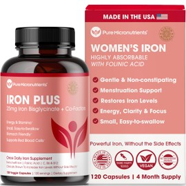Iron Supplement for Women - Gentle Chelate Iron Bisglycinate 25mg with Vitamin C, B6, B12 Folic Acid – Supports Iron Deficiency, Menstrual Health & Energy - 120 Count